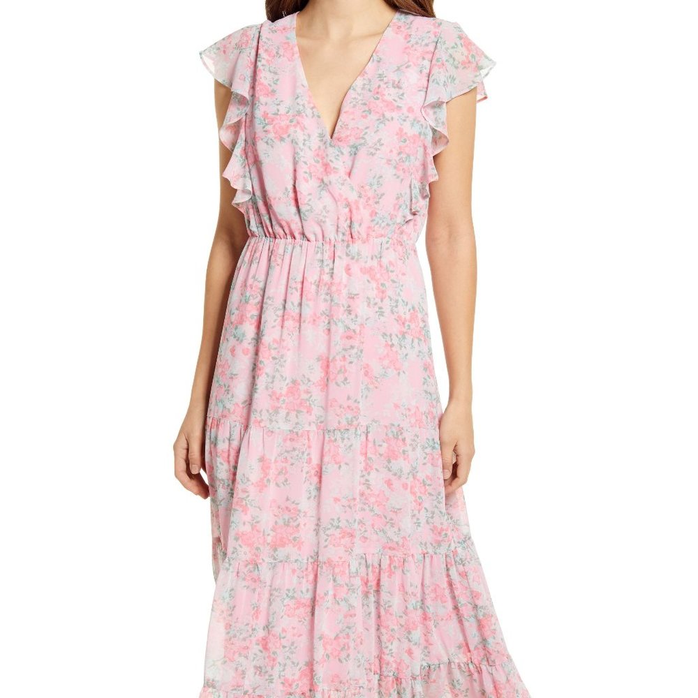 Charles Henry Ruffle Sleeve Floral Faux Wrap Dress - Small